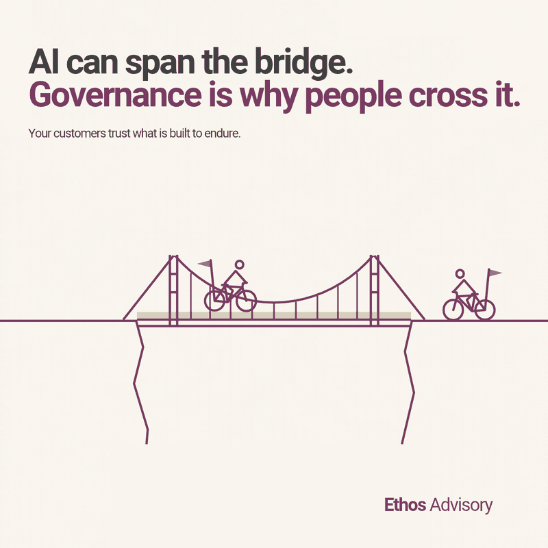 AI can span the bridge. Governance is why people cross it. Your customers trust what is built to endure. Illustration of cyclists crossing a suspension bridge.