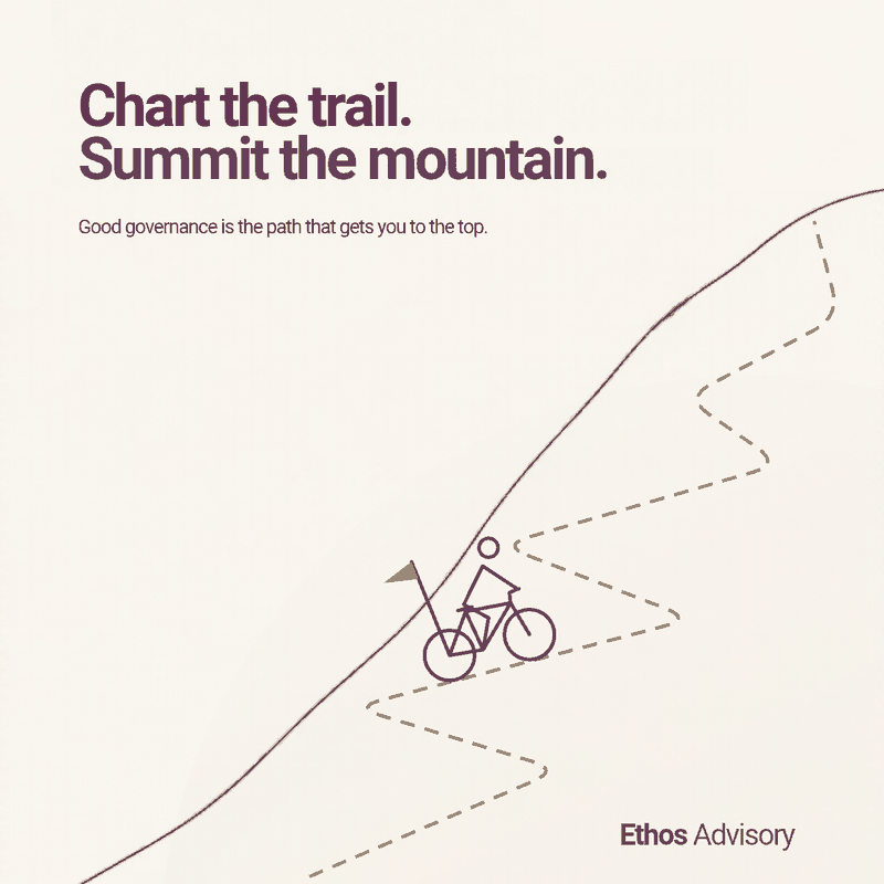 Chart the trail. Summit the mountain. Good governance is the path that gets you to the top. Illustration of a cyclist on a switchback trail up a mountain.