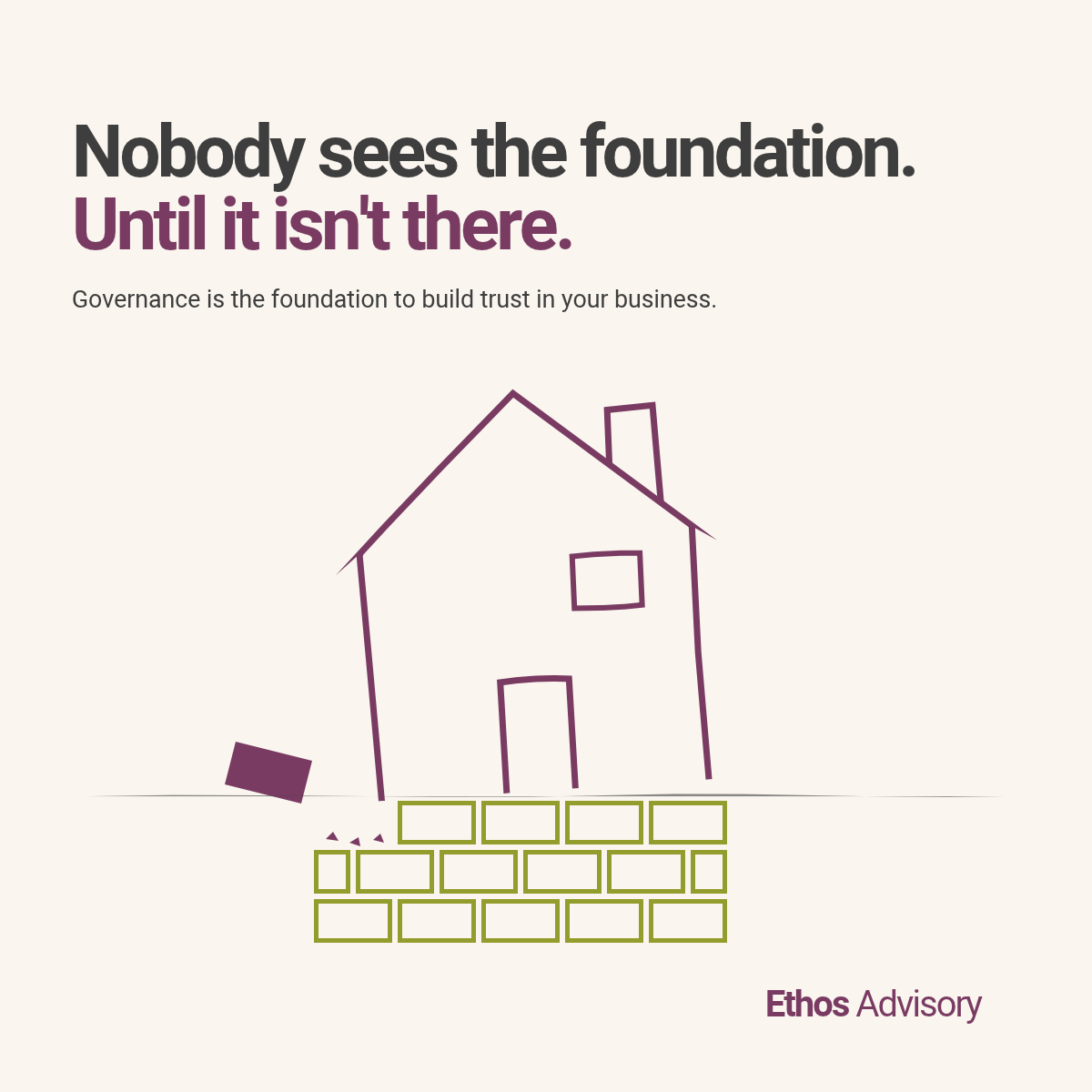 Nobody sees the foundation. Until it isn't there. Illustration of a house resting on a brick foundation.